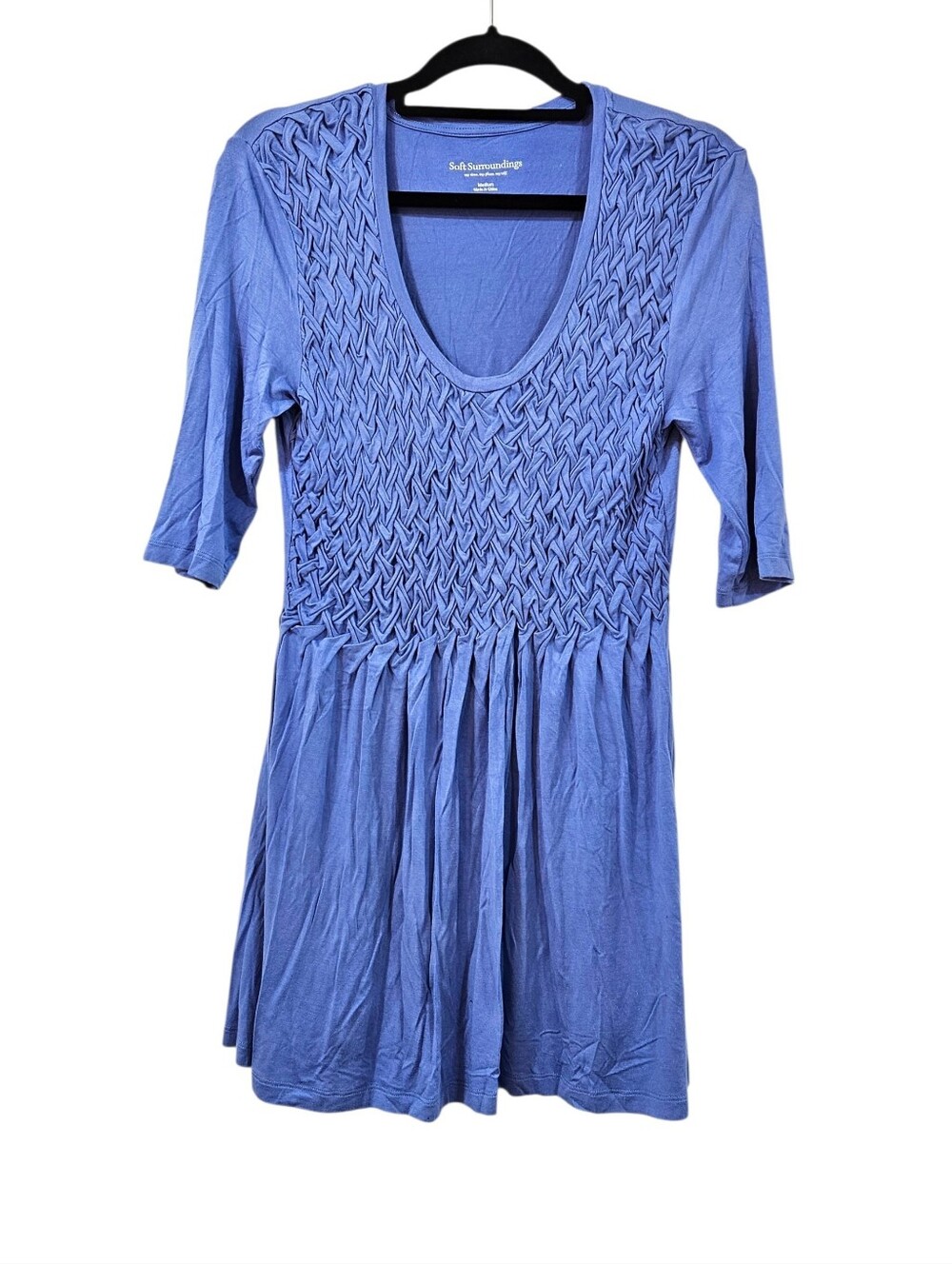 Soft Surroundings Periwinkle Blue Basket Weave Smocked Swing Baby Doll Top